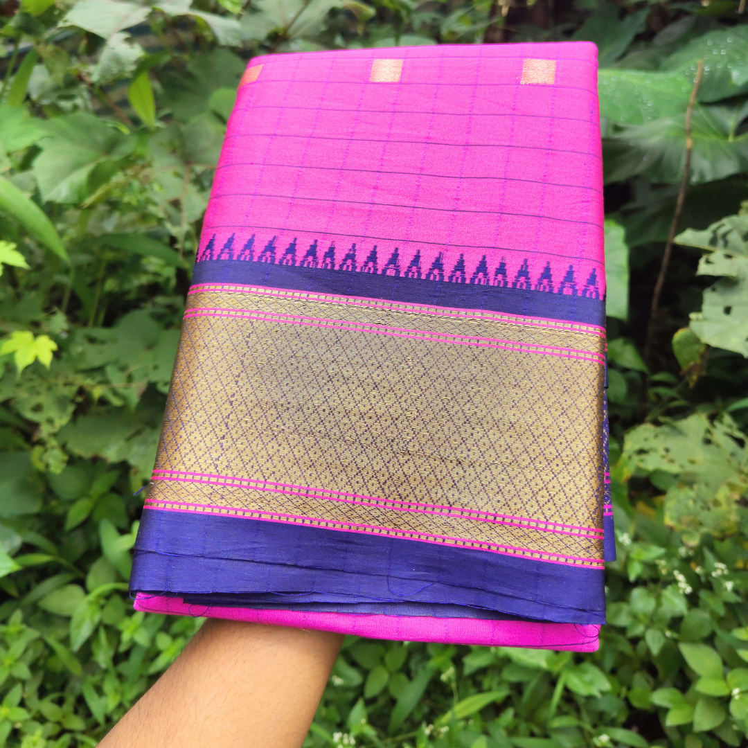 Vaidehi Vastra Hot Pink Kanchi Style Checkered Soft Silk Saree with Navy Border
