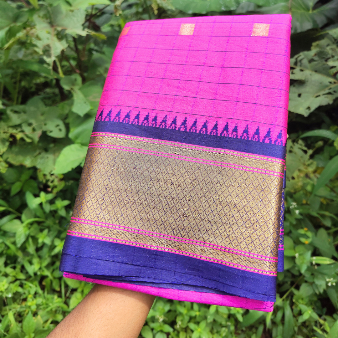 Vaidehi Vastra Hot Pink Kanchi Style Checkered Soft Silk Saree with Navy Border