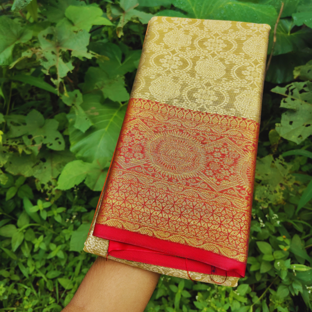 Vaidehi Vastra Golden Weave with Scarlet Red Border