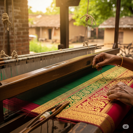 A close-up of a person's hands weaving a red and green saree with intricate gold patterns on a traditional wooden handloom. In the blurred background, a rustic village setting with a house and trees is visible.