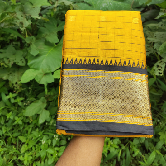 Vaidehi Vastra Mustard Yellow Kanchi Style Checkered Soft Silk Saree with Black Border