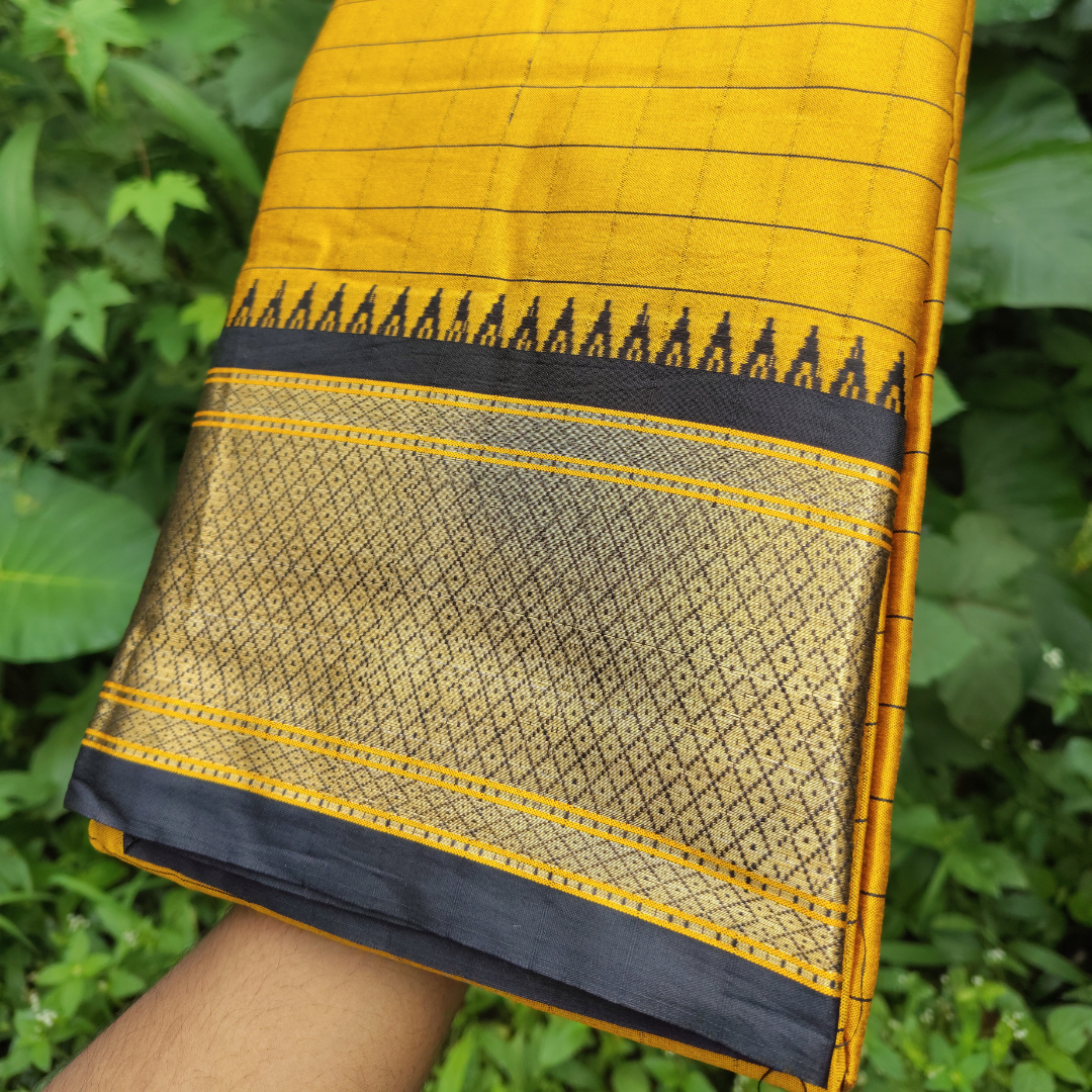 Vaidehi Vastra Mustard Yellow Kanchi Style Checkered Soft Silk Saree with Black Border
