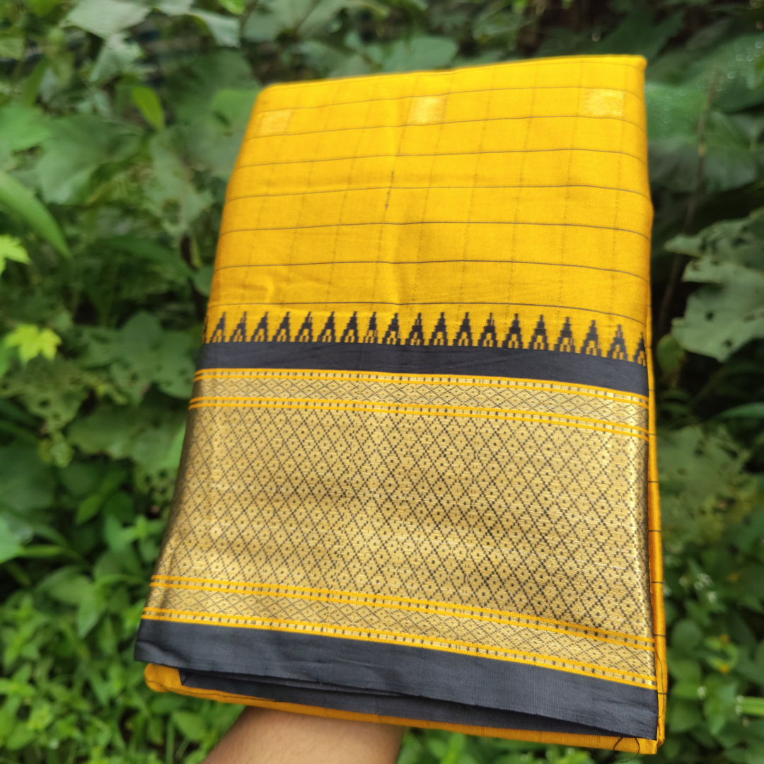 Vaidehi Vastra Mustard Yellow Kanchi Style Checkered Soft Silk Saree with Black Border