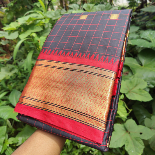 Vaidehi Vastra Charcoal Black Kanchi Style Checkered Soft Silk Saree with Red and Gold Border