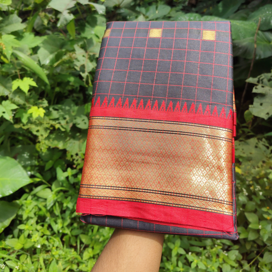 Vaidehi Vastra Charcoal Black Kanchi Style Checkered Soft Silk Saree with Red and Gold Border