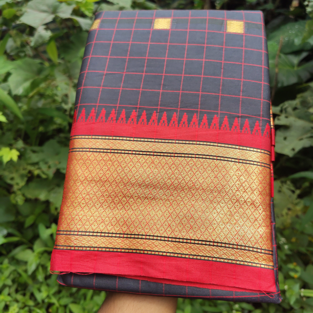 Vaidehi Vastra Charcoal Black Kanchi Style Checkered Soft Silk Saree with Red and Gold Border