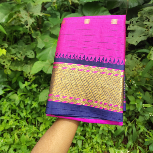 Vaidehi Vastra Hot Pink Kanchi Style Checkered Soft Silk Saree with Navy Border