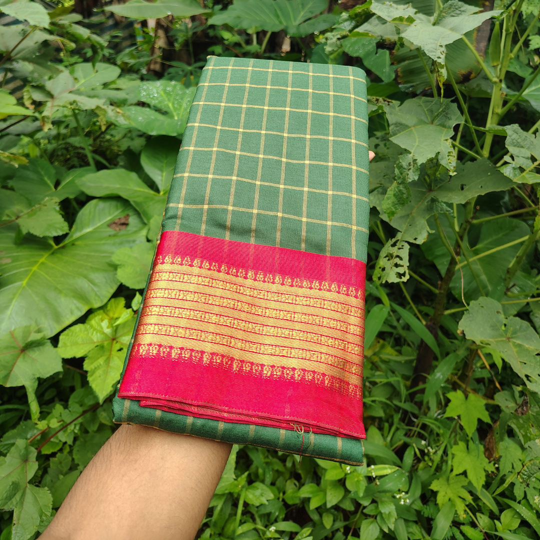 Vaidehi Vastra Green and Red Checkered Kanchipuram Style Silk Saree