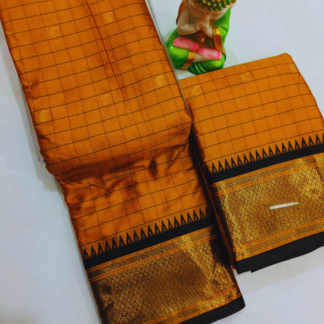 Vaidehi Vastra Mustard Yellow Kanchi Style Checkered Soft Silk Saree with Black Border