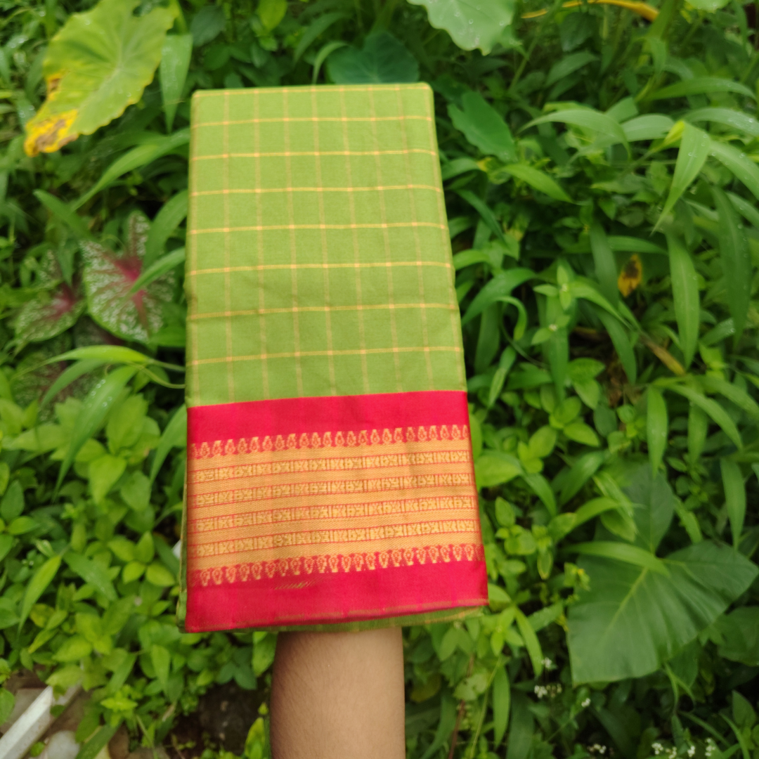 Vaidehi Vastra Pastel Green Kanchi Style Checkered Soft Silk Saree with Navy Blue Border