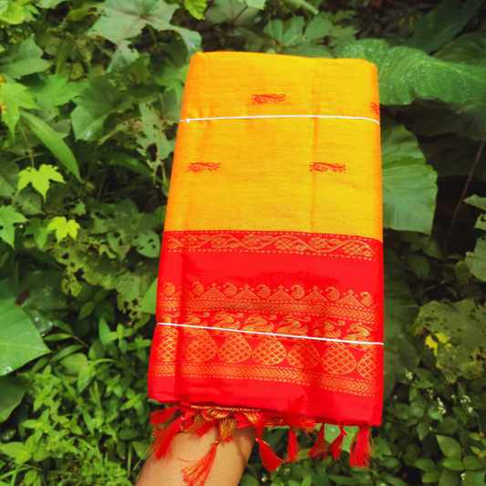 Vaidehi Vastra Saffron with Scarlet Kalyani Cotton Saree
