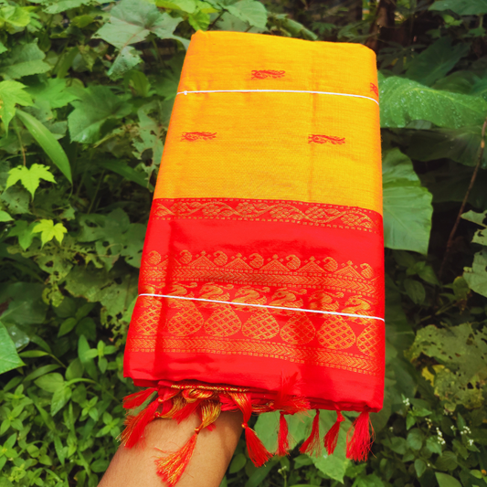 Vaidehi Vastra Saffron with Scarlet Kalyani Cotton Saree