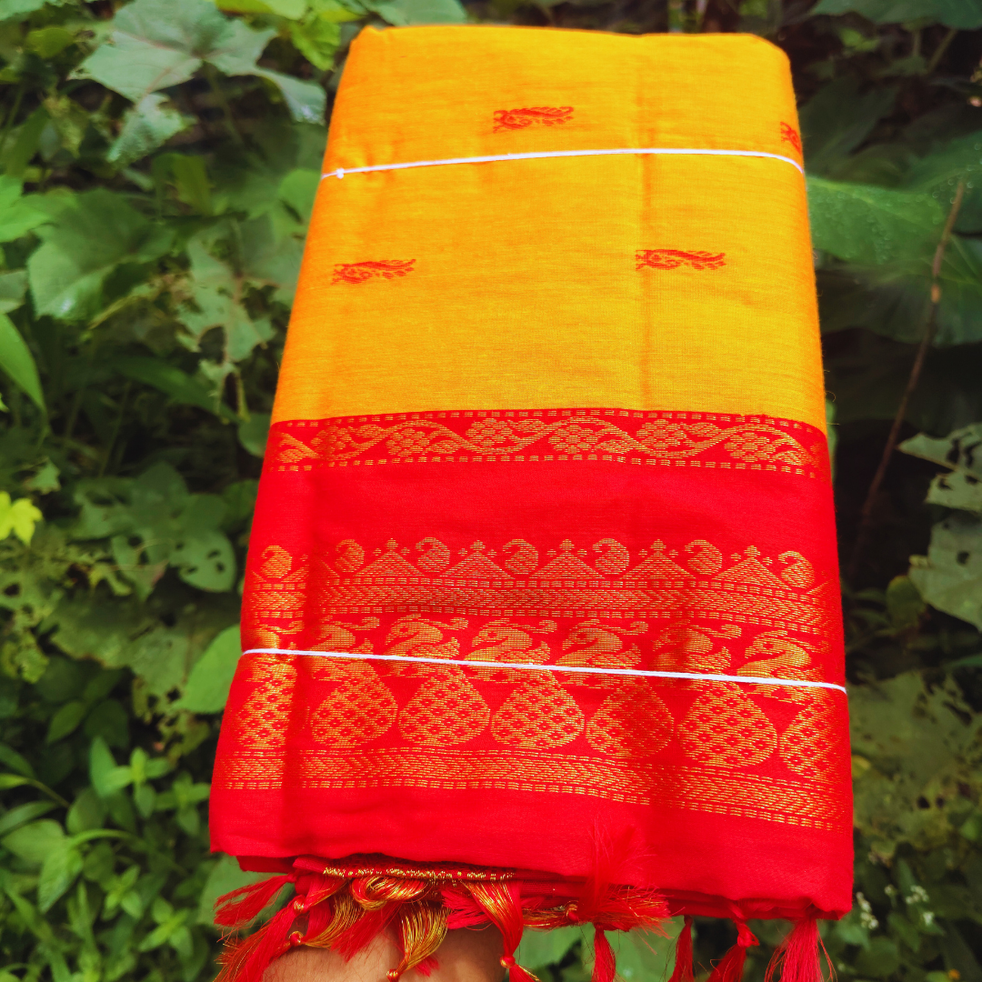 Vaidehi Vastra Saffron with Scarlet Kalyani Cotton Saree