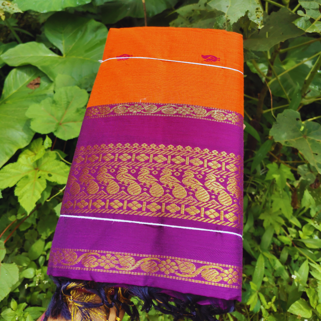 Vaidehi Vastra Saffron and Purple Kalyani Cotton Saree
