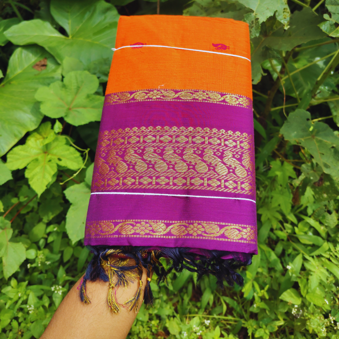 Vaidehi Vastra Saffron and Purple Kalyani Cotton Saree