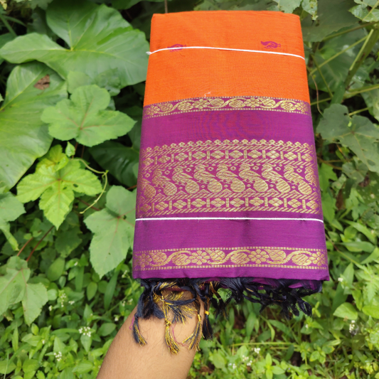 Vaidehi Vastra Saffron and Purple Kalyani Cotton Saree