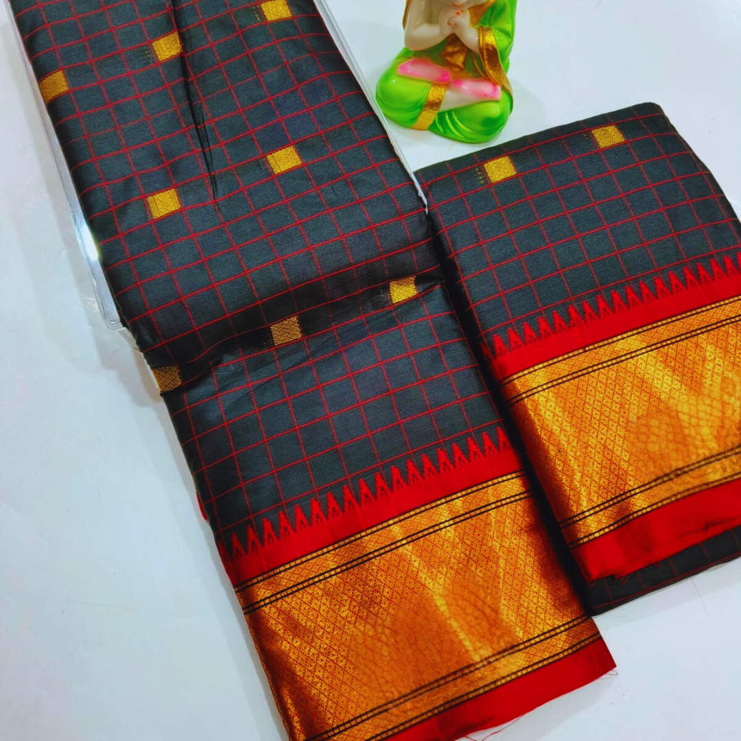 Vaidehi Vastra Charcoal Black Kanchi Style Checkered Soft Silk Saree with Red and Gold Border