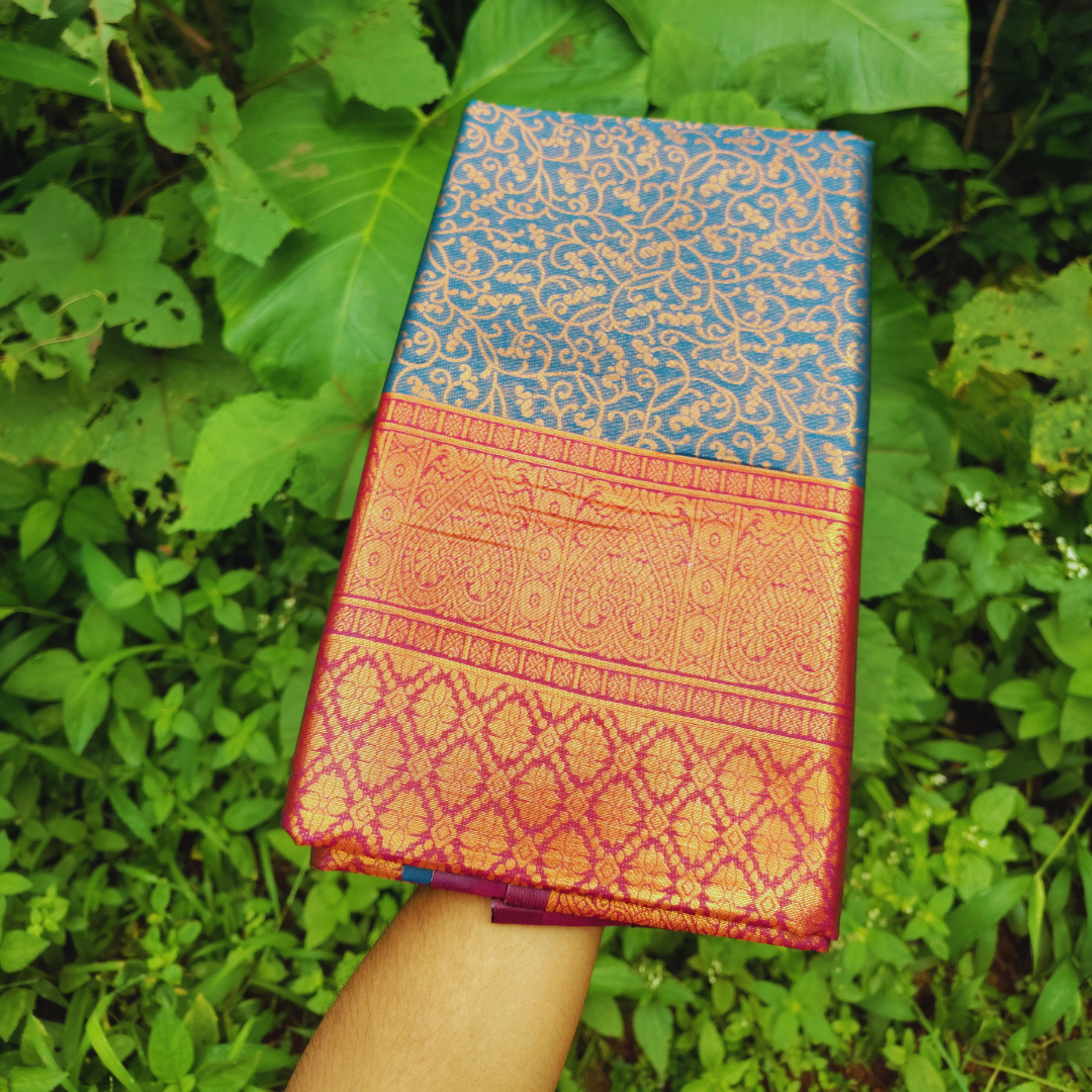 Vaidehi Vastra Azure and Maroon Soft Silk Saree