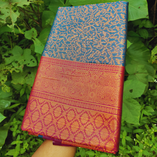 Vaidehi Vastra Azure and Maroon Soft Silk Saree