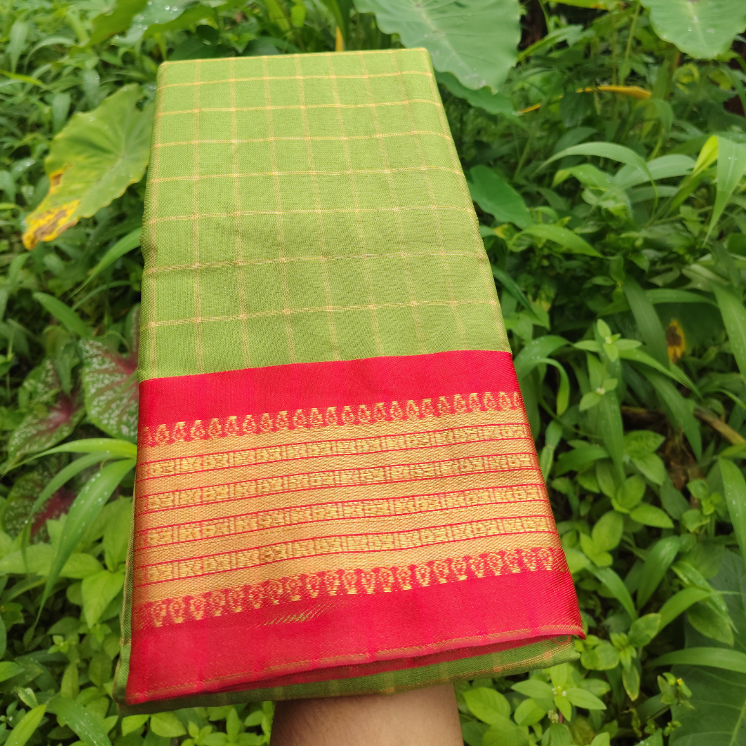 Vaidehi Vastra Pastel Green Kanchi Style Checkered Soft Silk Saree with Navy Blue Border