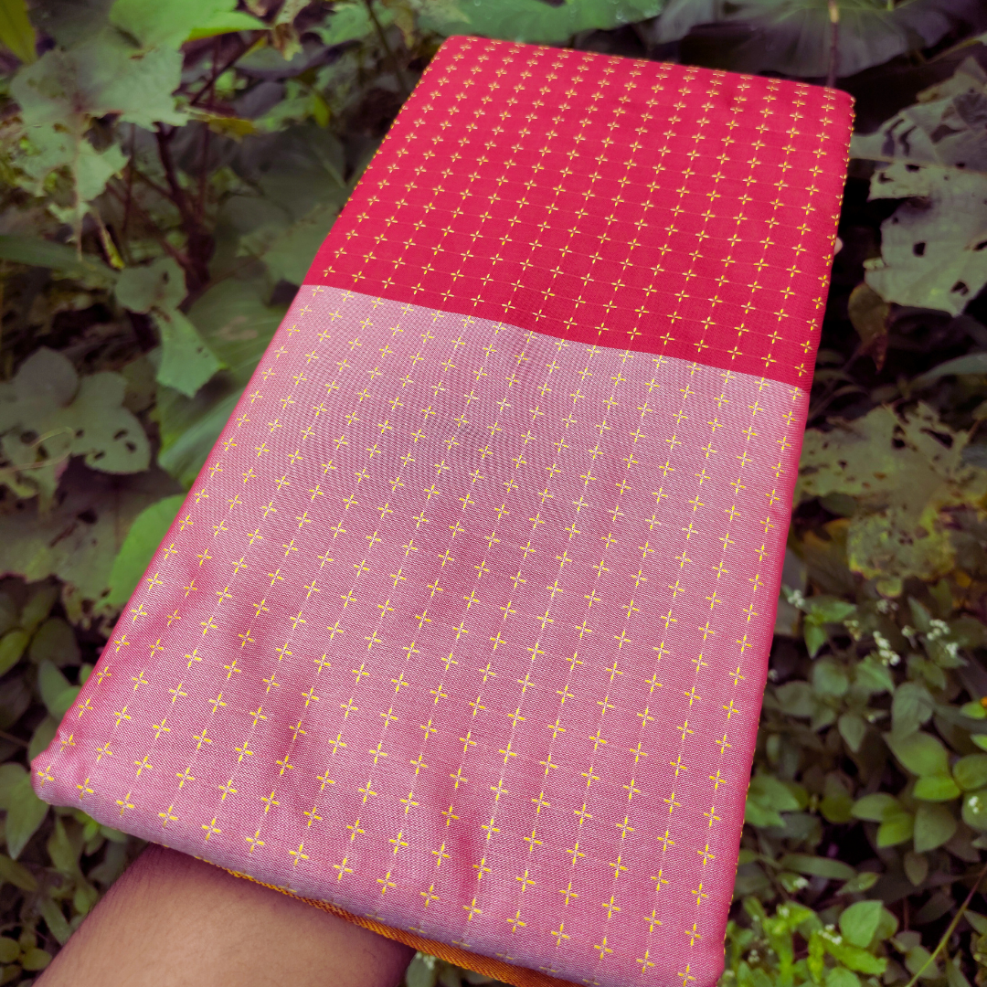 Vaidehi Vastra Saffron and Pink Soft Silk Saree
