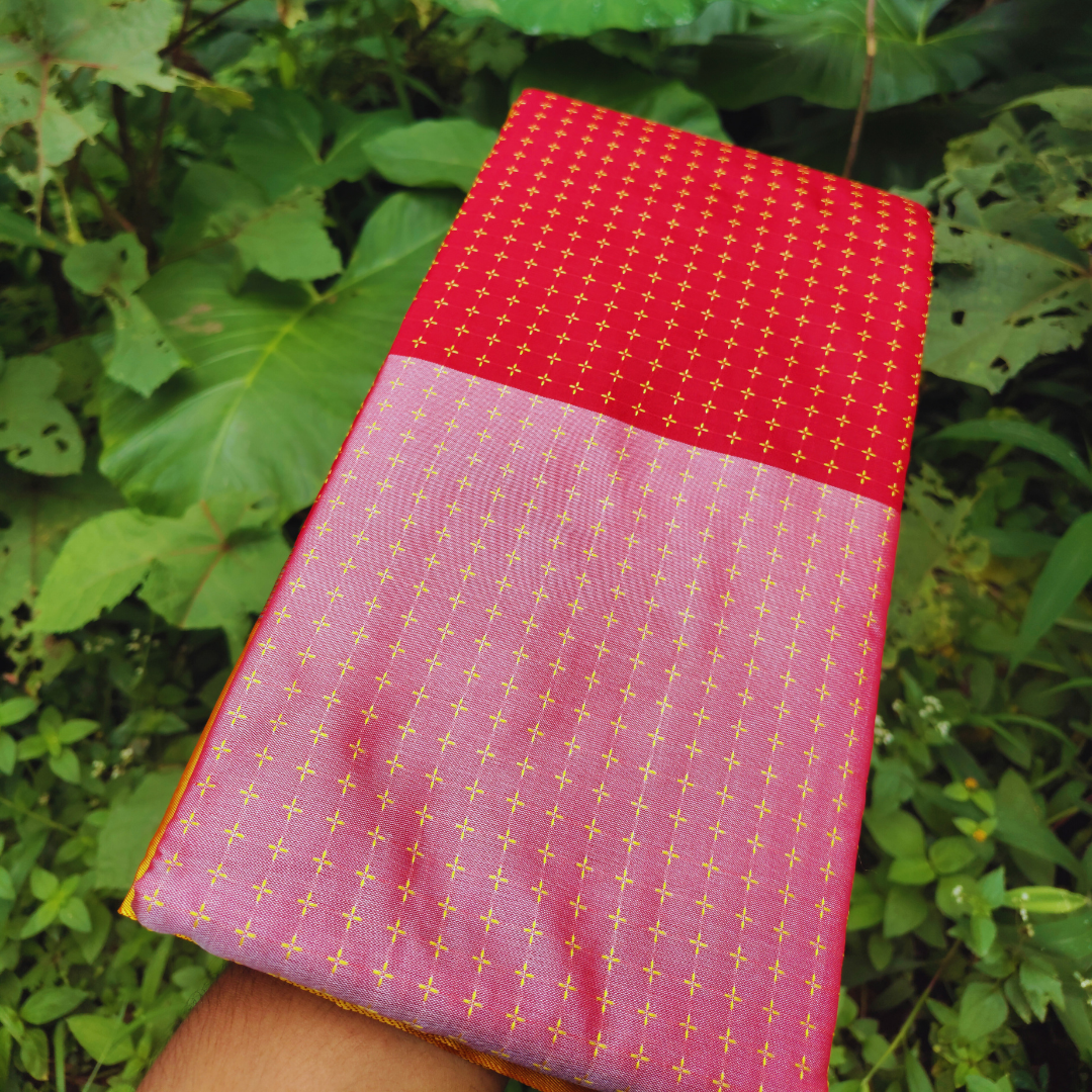 Vaidehi Vastra Saffron and Pink Soft Silk Saree