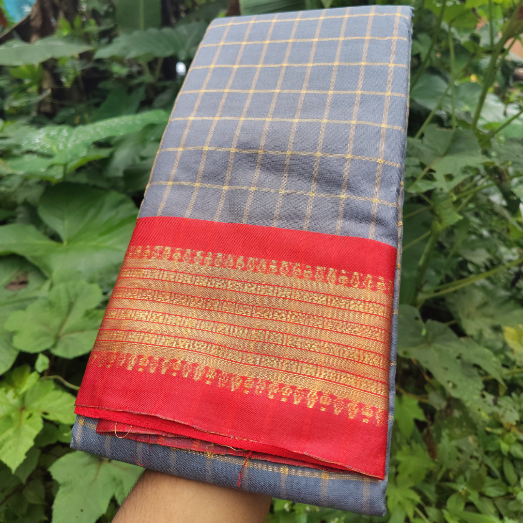 Vaidehi Vastra Grey Kanchi Style Checkered Soft Silk Saree with Red Border