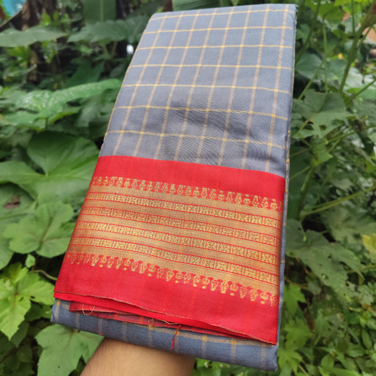 Vaidehi Vastra Grey Kanchi Style Checkered Soft Silk Saree with Red Border