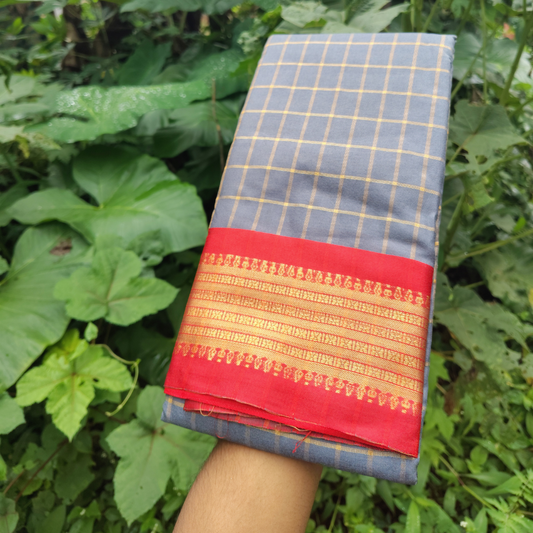 Vaidehi Vastra Grey Kanchi Style Checkered Soft Silk Saree with Red Border