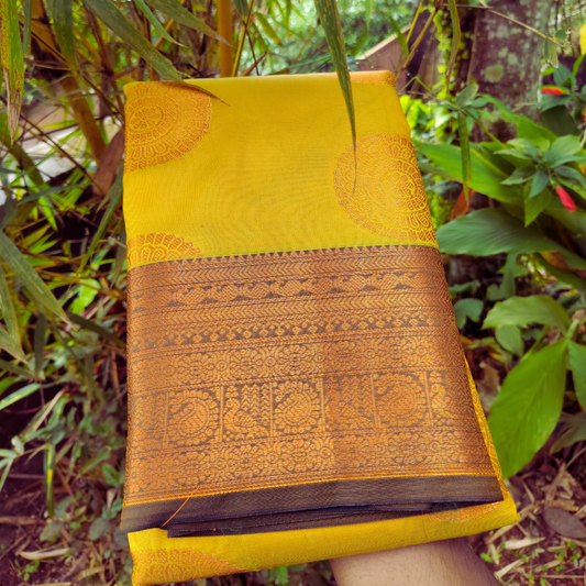Vaidehi Vastra Saffron and Black Soft Silk
