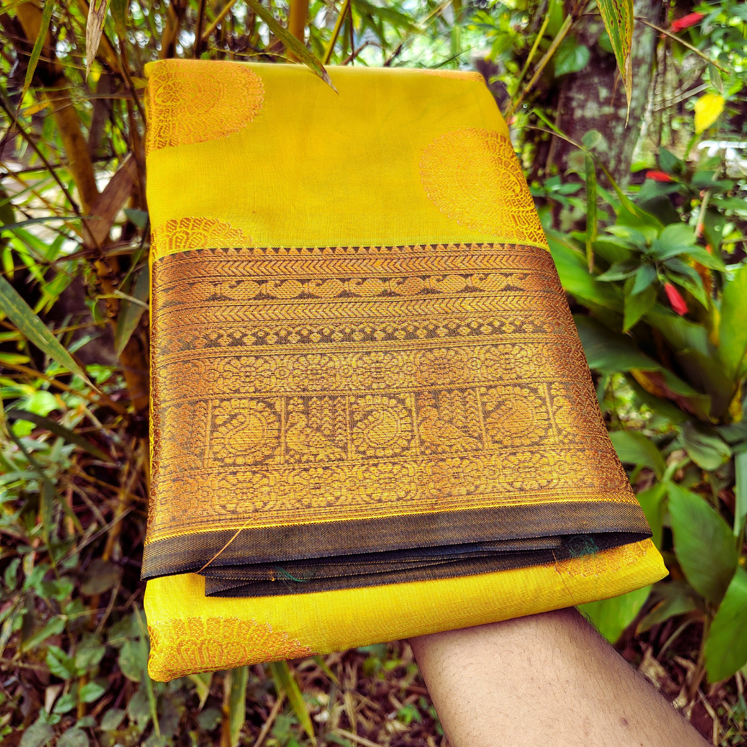 Vaidehi Vastra Saffron and Black Soft Silk