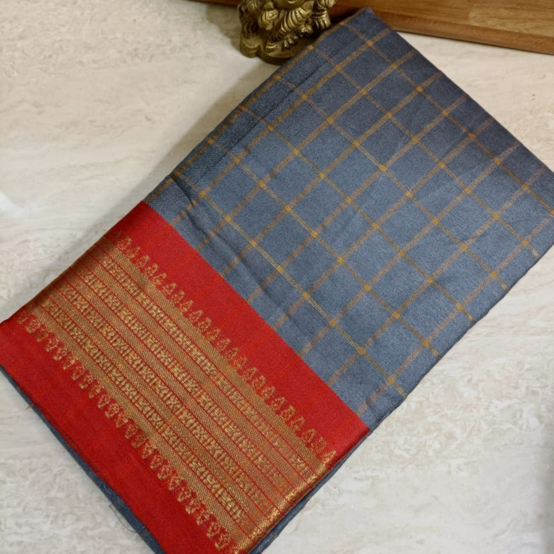 Vaidehi Vastra Grey Kanchi Style Checkered Soft Silk Saree with Red Border